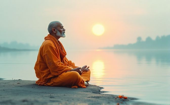 Un sadhu solitaire en position du lotus sur une rive, sous un ciel pastel au lever du soleil se reflétant sur l'eau.