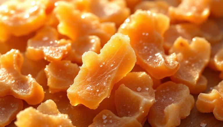 Gingembre confit et racine fraîche présentés sur un fond neutre.