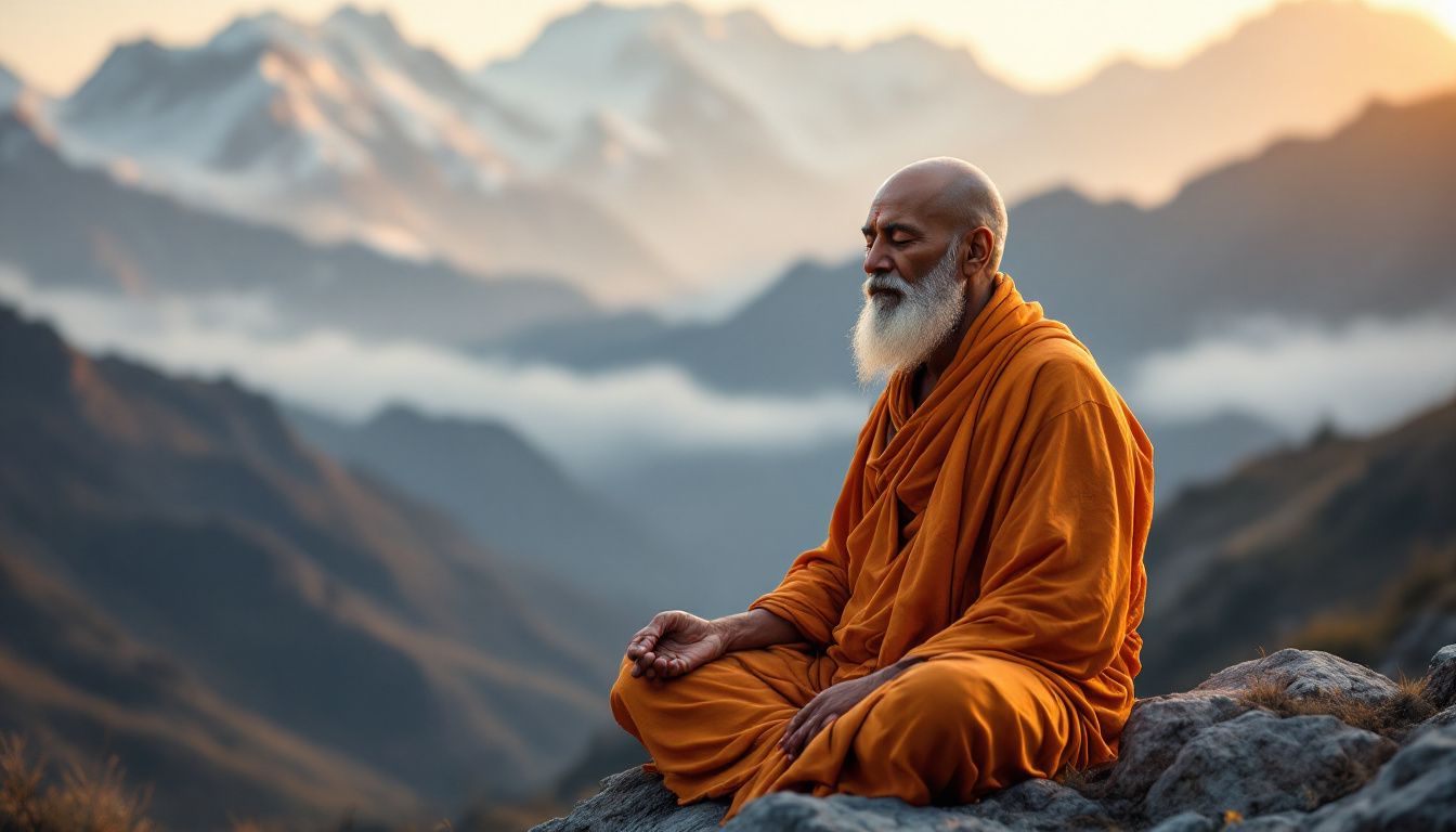 Un sadhu serein meditant au lever du jour, entouré de lumière douce et paisible.