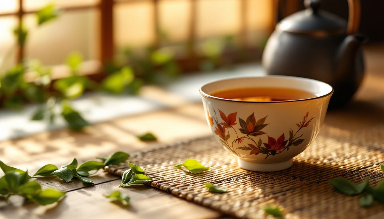 Thé Hojicha servi sur un tatami japonais, avec une ambiance zen et apaisante.