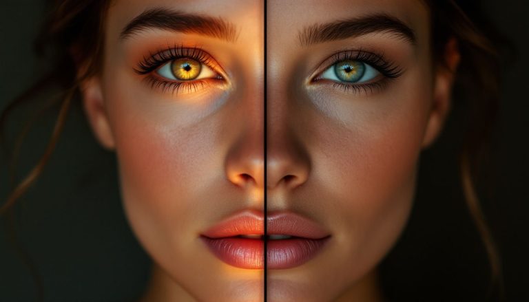 Visage radieux en pleine transformation, illuminé par des éclats de lumière.
