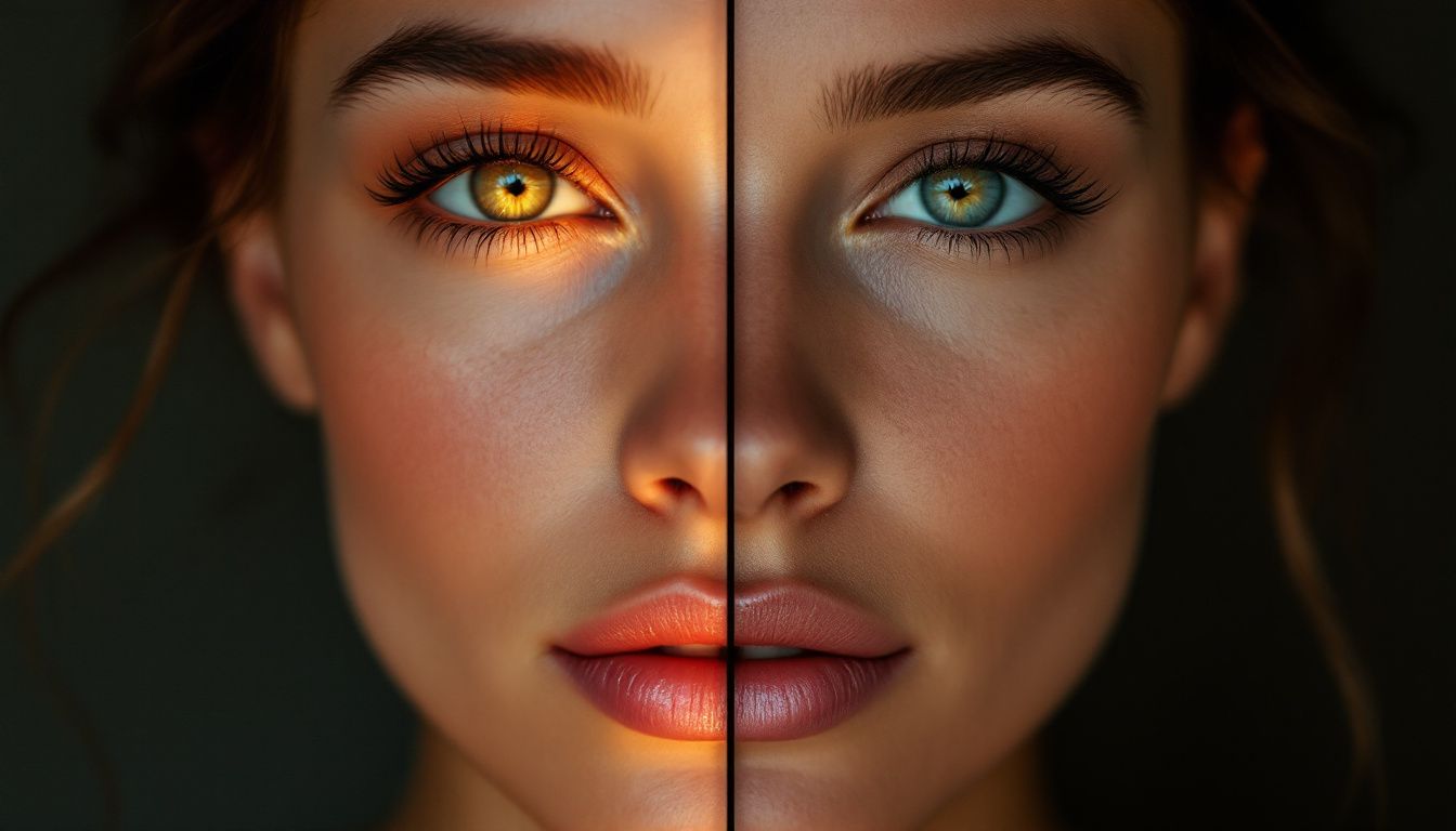 Visage radieux en pleine transformation, illuminé par des éclats de lumière.