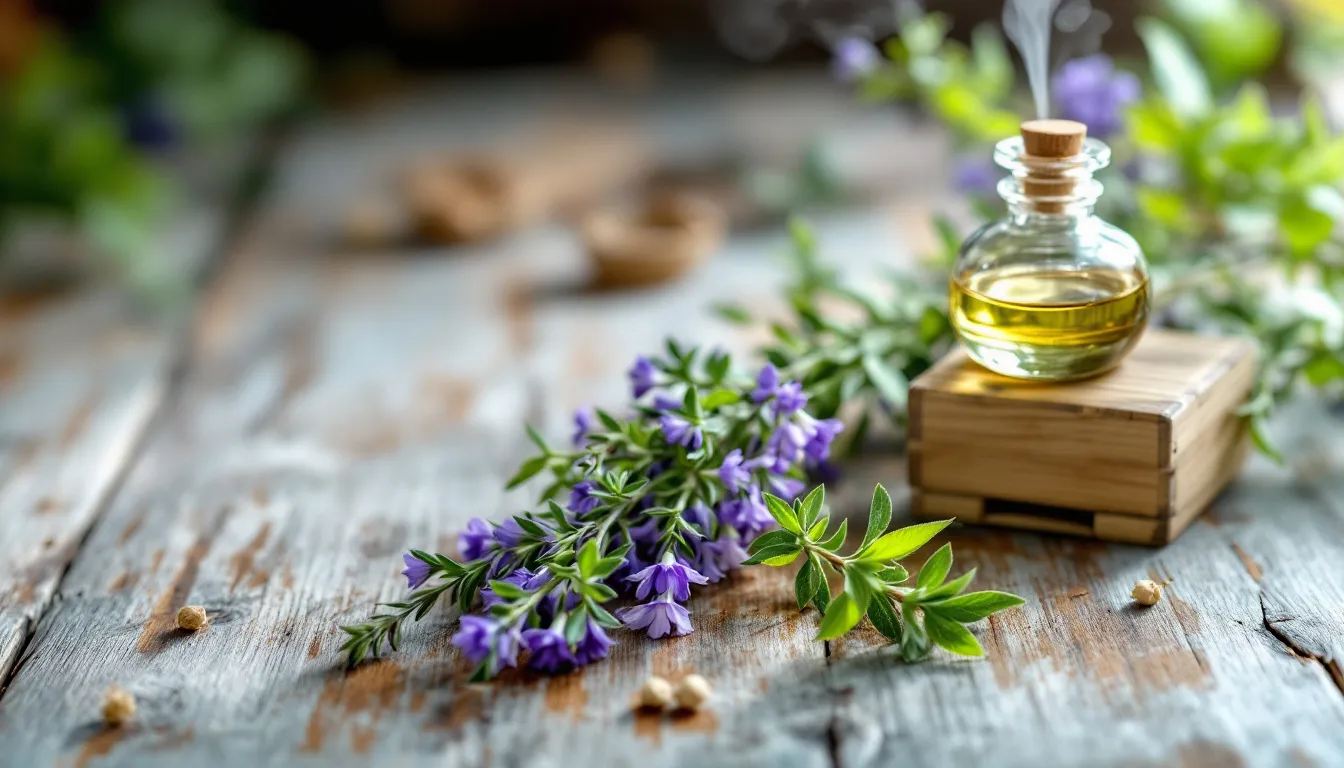 Brume aromatique s'élevant d'un bouquet de thym frais sur un fond flou.