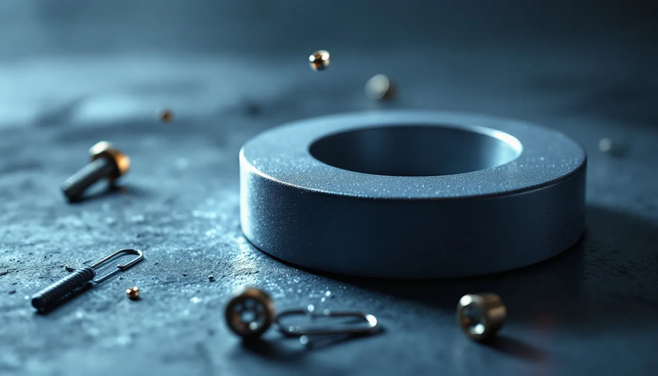 Des lignes de force magnétique illustrées par des particules métalliques scintillantes sur une surface.
