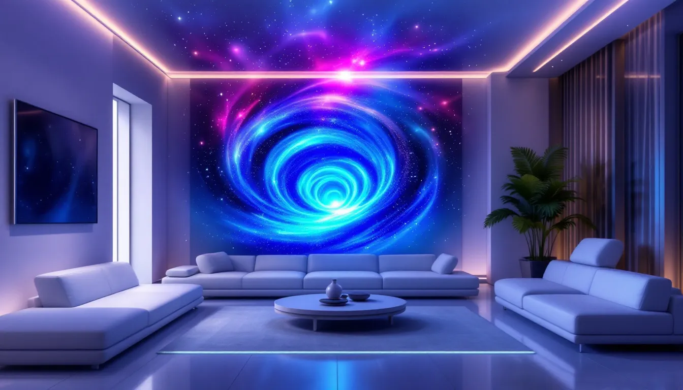 Vortex lumineux se déployant dans un salon, illuminant l'espace de ses reflets colorés.