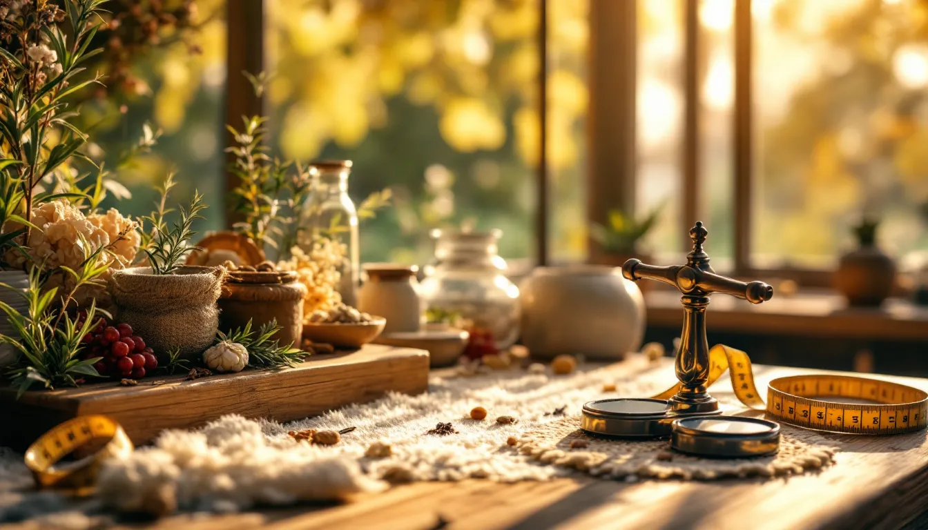 Bureau de naturopathe chaleureux avec des plantes, des livres de bien-être et un mobilier en bois naturel.