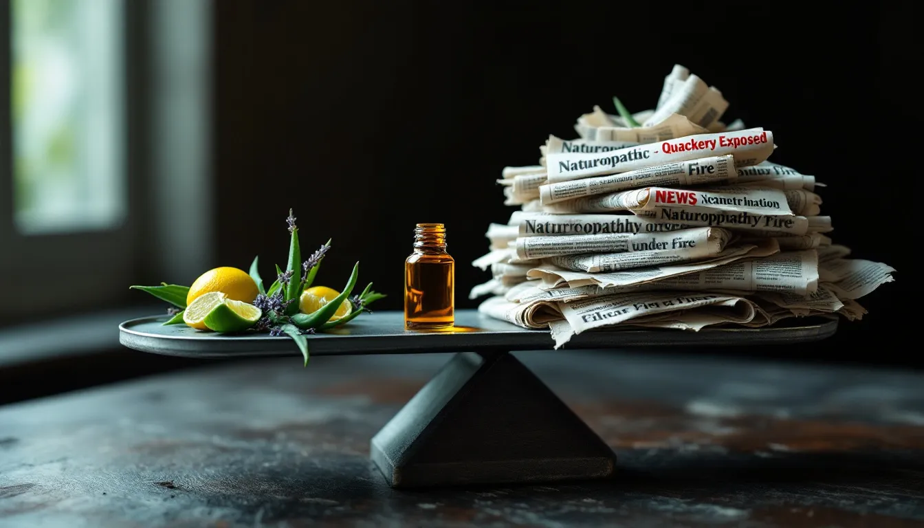 Un personnage observe attentivement des fruits et légumes disposés sur une balance, illustrant le contraste entre santé et scepticisme.