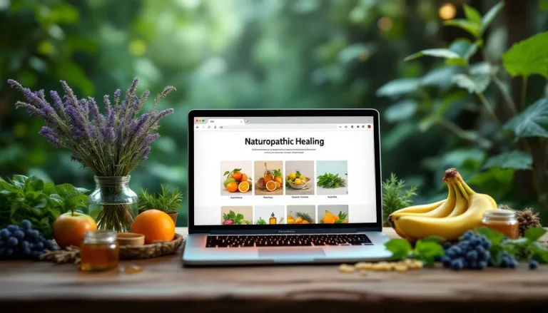 Harmonie entre la naturopathie et la nature, illustrée par des éléments naturels et des pratiques thérapeutiques.
