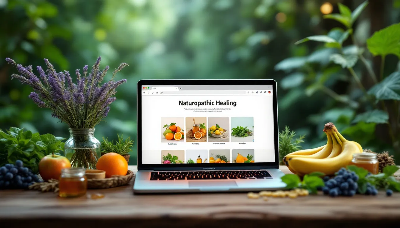 Harmonie entre la naturopathie et la nature, illustrée par des éléments naturels et des pratiques thérapeutiques.