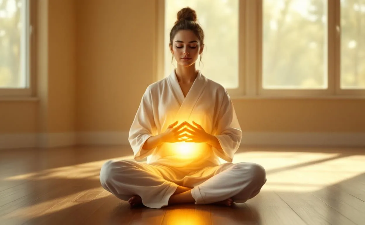 Un éclat doré lumineux est centré au niveau du plexus solaire.