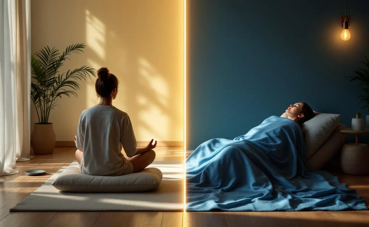 Illustration montrant un contraste entre la sophrologie et l’hypnose à travers des symboles opposés.