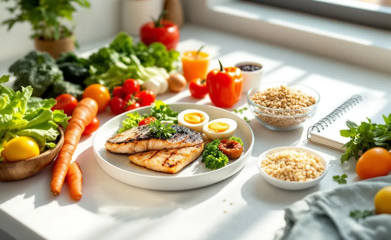 Des aliments variés et sains comme des légumes, du poisson, des œufs et des céréales sont disposés sur un comptoir de cuisine épuré, à côté d’un carnet intitulé API Diet.