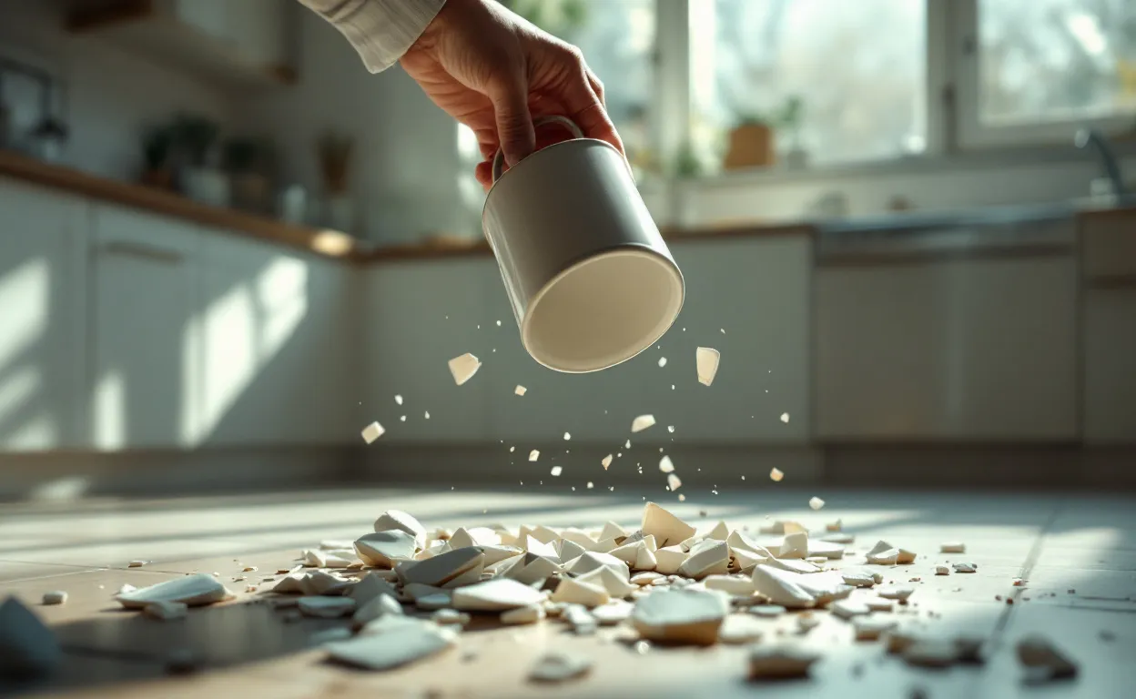 Une main laisse échapper une tasse en céramique suspendue au-dessus de débris sur le carrelage d’une cuisine baignée d’une lumière douce du matin.