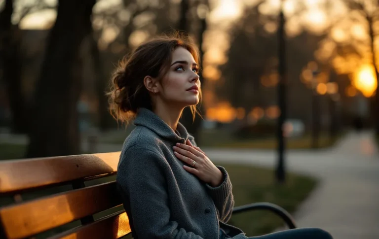 Une femme assise seule sur un banc de parc au crépuscule tient sa poitrine d’un geste pensif, baignée d’une lumière dorée.
