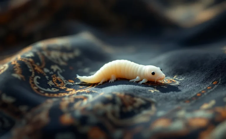 Un asticot blanc repose sur un tissu ancien à motifs islamiques, éclairé par une douce lumière matinale.