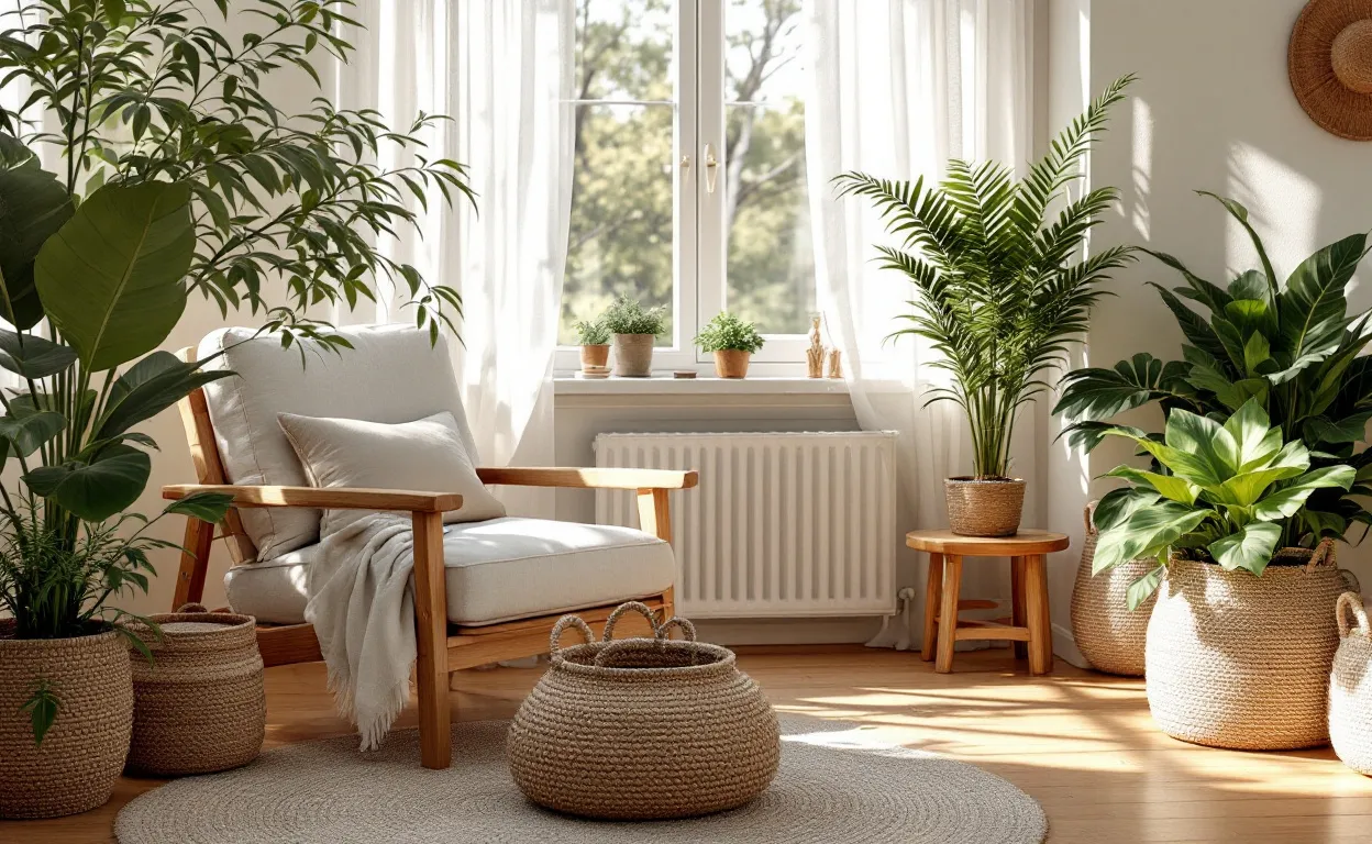 Salon lumineux avec meubles en bois naturel, paniers tressés, coussins en lin et nombreuses plantes vertes baigné par une douce lumière du matin.