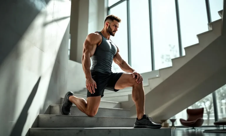 Un athlète concentré réalise des extensions excentriques des mollets sur un escalier dans une pièce lumineuse avec de grandes fenêtres.