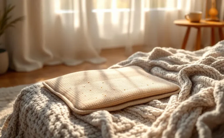 Un coussin chauffant aux graines de lin repose sur une couverture tricotée dans un salon baigné de lumière tamisée.