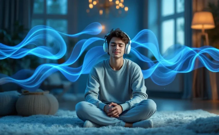 Un jeune adulte porte un casque confortable et est assis paisiblement les yeux fermés dans une pièce bleuâtre, entouré d’ondes sonores abstraites qui illustrent l’écoute attentive.