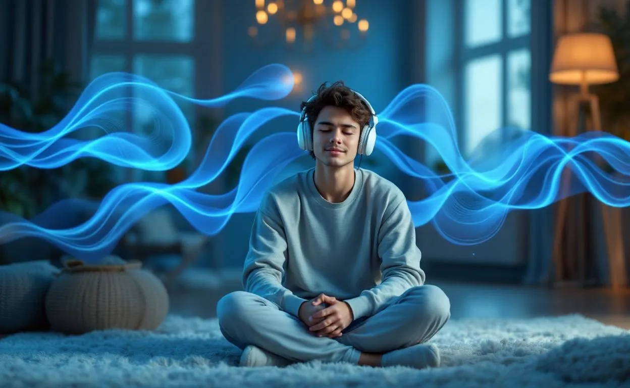 Un jeune adulte porte un casque confortable et est assis paisiblement les yeux fermés dans une pièce bleuâtre, entouré d’ondes sonores abstraites qui illustrent l’écoute attentive.