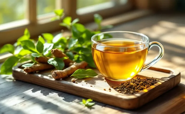 Une tasse en verre de tisane de khamaré posée sur un plateau en bois, accompagnée de racines fraîches et de feuilles vertes sous une lumière matinale douce.