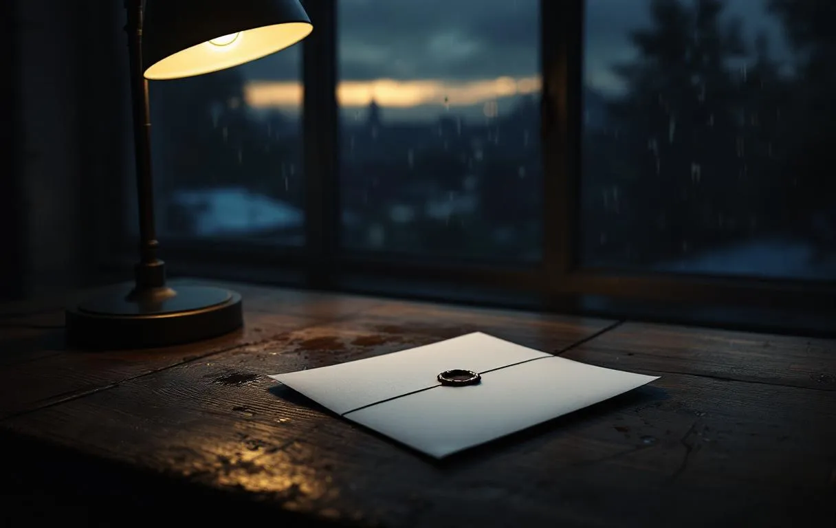 Une lettre cachetée repose sur une table en bois près d’une fenêtre mouillée par la pluie au crépuscule.