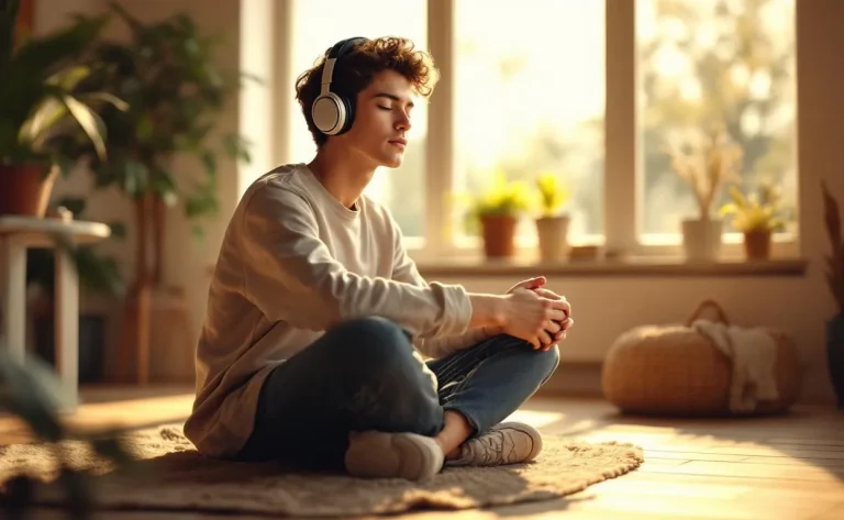 Un jeune adulte aux yeux clos porte un casque audio dans une pièce baignée de lumière naturelle.
