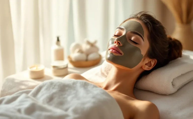 Une personne repose dans une salle de spa lumineuse avec un masque de boue sur le visage et les bras, entourée de produits de soin étiquetés.