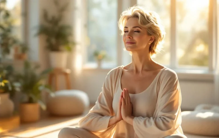 Femme d’une cinquantaine d’années pratiquant le yoga dans un studio baigné de lumière matinale, arborant un air serein et assuré.