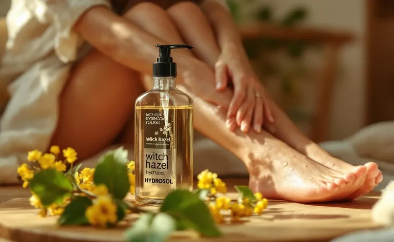 Une bouteille de macérat de hamamélis est posée à côté de feuilles et fleurs jaunes de la plante, tandis qu’une femme masse délicatement ses jambes avec les mains perlées de gouttelettes.