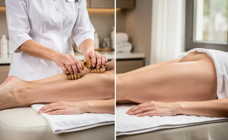 Un(e) thérapeute réalise un massage maderothérapie avec des rouleaux en bois sur une jambe, tandis que l’autre jambe montre les effets du palper-rouler manuel, les deux étant posées côte à côte sur une table de spa dans une ambiance apaisante.