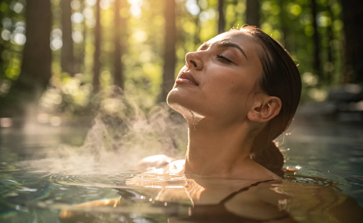Une femme détendue, yeux fermés, se repose dans une piscine thermale entourée de verdure sous une lumière douce et de la vapeur.