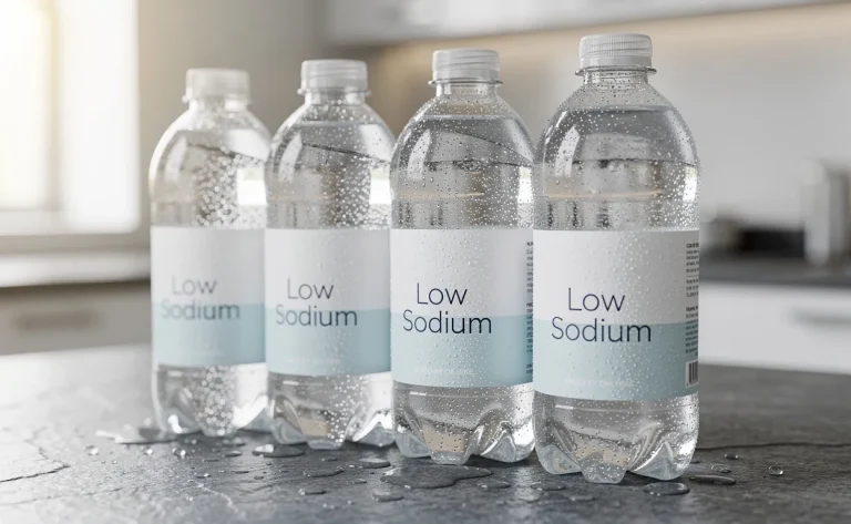 Cinq bouteilles d’eau minérale pétillante alignées sur une surface en pierre, avec de la condensation et des étiquettes minimalistes indiquant une teneur réduite en sodium, sous une lumière naturelle.