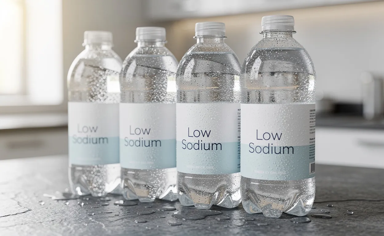 Cinq bouteilles d’eau minérale pétillante alignées sur une surface en pierre, avec de la condensation et des étiquettes minimalistes indiquant une teneur réduite en sodium, sous une lumière naturelle.