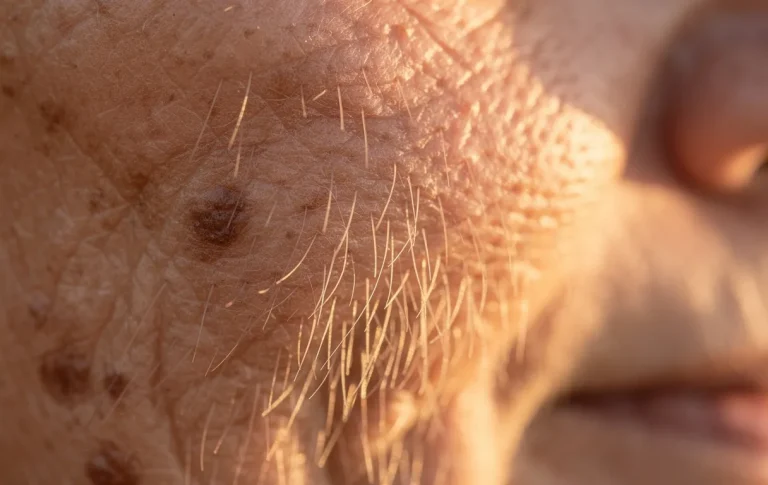 Gros plan photoréaliste sur la joue d'une femme âgée, révélant un fin duvet éclairé par une lumière matinale douce.