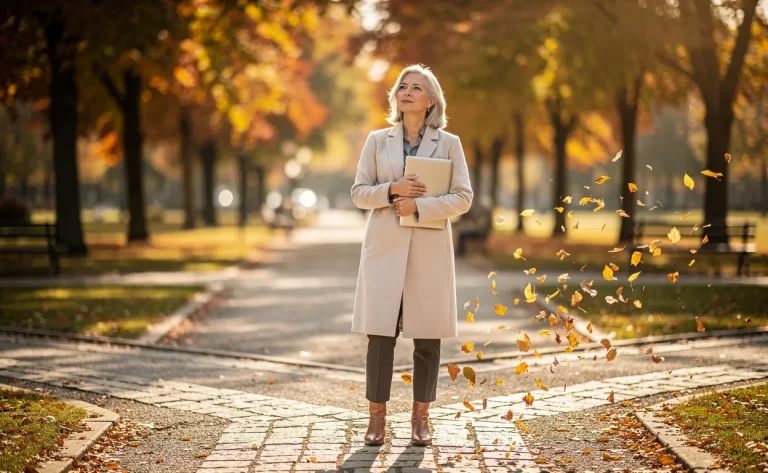 Une femme aux cheveux argentés, sereine, tient un ordinateur portable fermé à un carrefour ensoleillé dans un parc d'automne où tombent doucement des feuilles dorées.