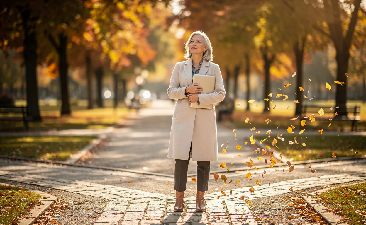 Une femme aux cheveux argentés, sereine, tient un ordinateur portable fermé à un carrefour ensoleillé dans un parc d'automne où tombent doucement des feuilles dorées.