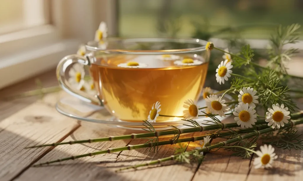Une tasse de tisane entourée de plantes médicinales comme la camomille et la prêle posée sur une table en bois près d’une fenêtre éclairée.