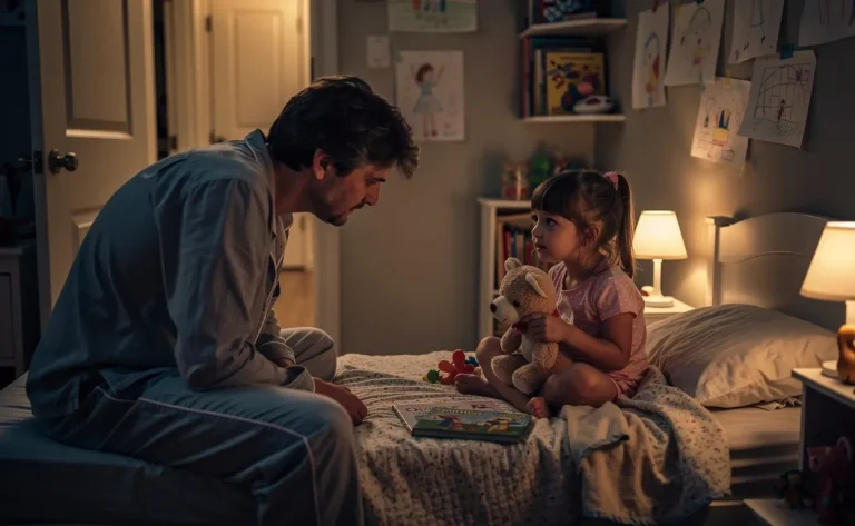 Un parent fatigué est assis au bord du lit pendant que sa fille de quatre ans joue avec une peluche dans une chambre doucement éclairée la nuit.