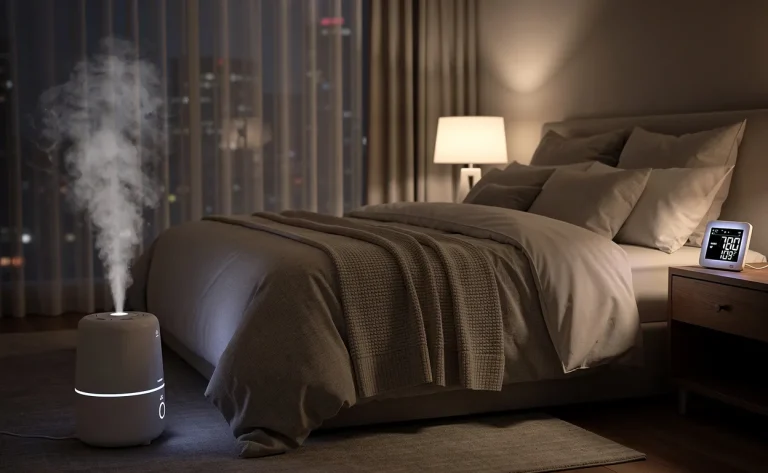 Chambre moderne faiblement éclairée la nuit, avec un humidificateur diffusant de la brume près du lit et un hygromètre numérique lumineux sur la table de chevet.