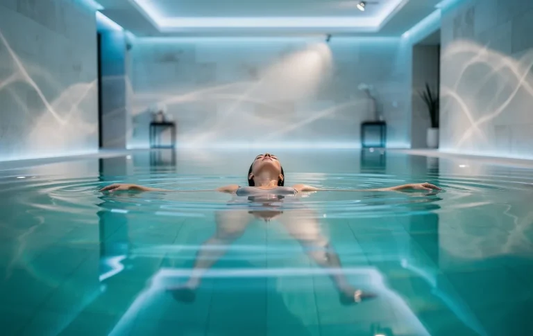 Une personne détendue flotte sur le dos dans une piscine intérieure paisible, baignée d’une lumière bleutée et adoucie.
