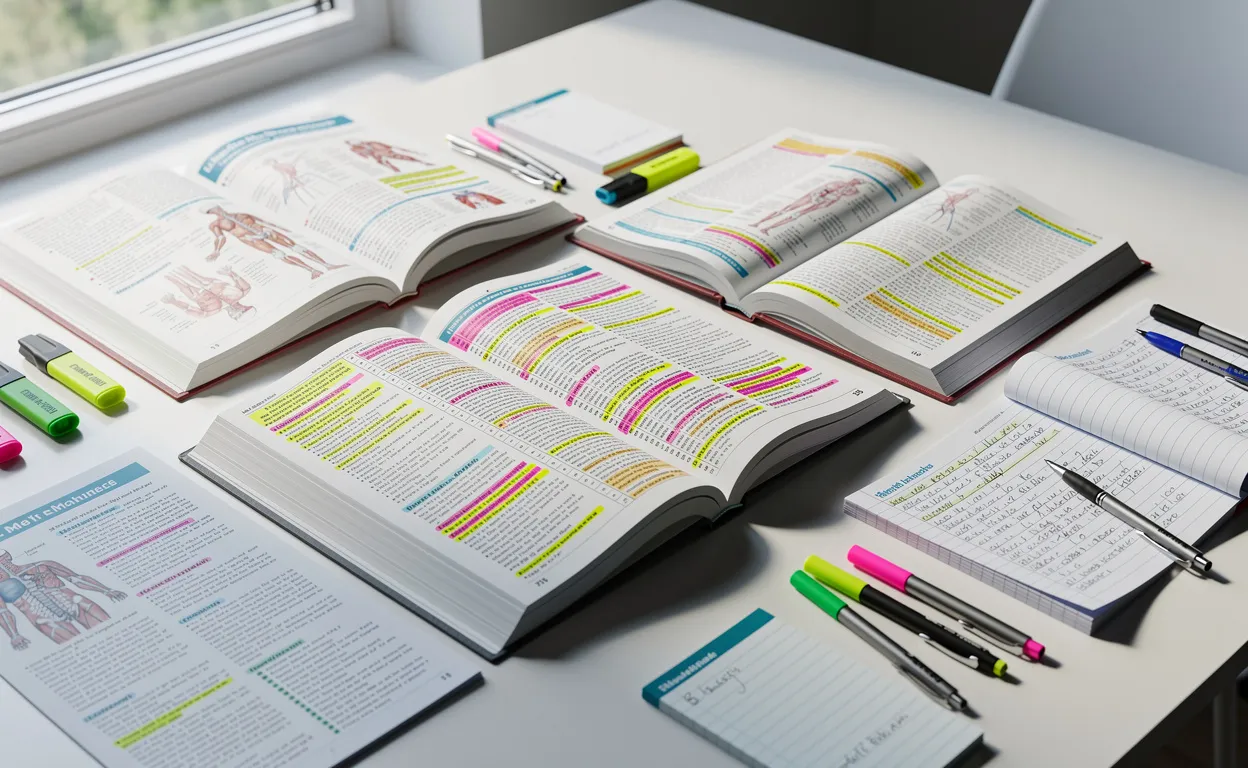 Table blanche avec manuels médicaux ouverts et notes manuscrites où des termes clés sont surlignés de couleurs vives à la lumière du jour.