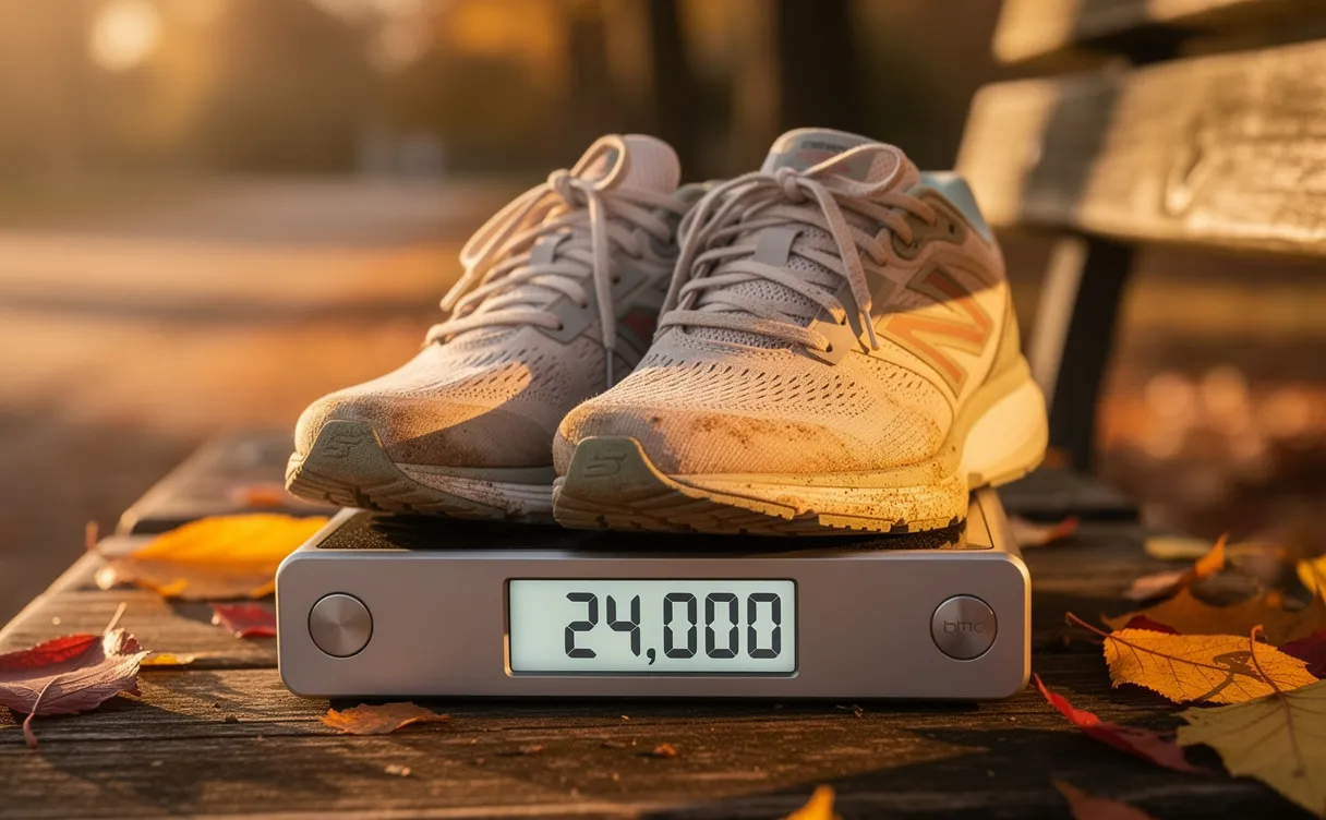 Une paire de chaussures de sport est posée sur un podomètre affichant 24 000 pas, sur un banc de parc entouré de feuilles d’automne sous une lumière dorée.
