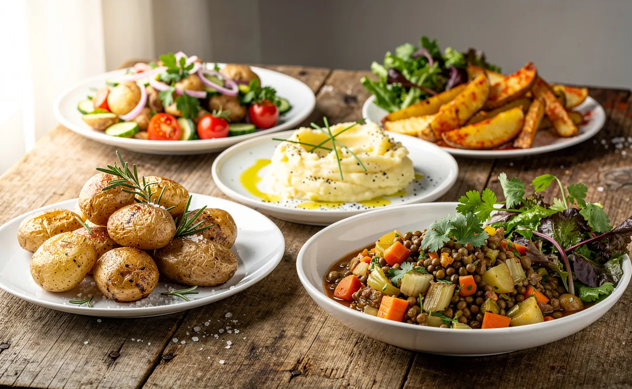 Cinq plats de pommes de terre garnis d’herbes et de légumes colorés sont disposés sur une table en bois rustique éclairée par la lumière du jour.
