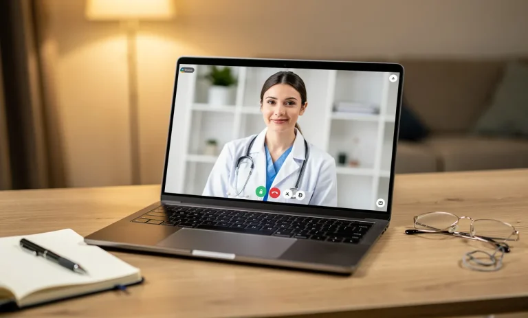 Un ordinateur portable sur un bureau rangé affiche un médecin serein en visioconférence, avec un carnet, des lunettes et une lumière douce.