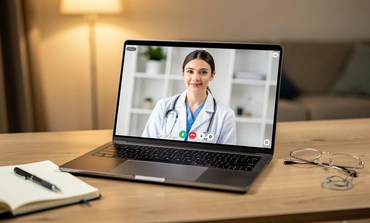 Un ordinateur portable sur un bureau rangé affiche un médecin serein en visioconférence, avec un carnet, des lunettes et une lumière douce.