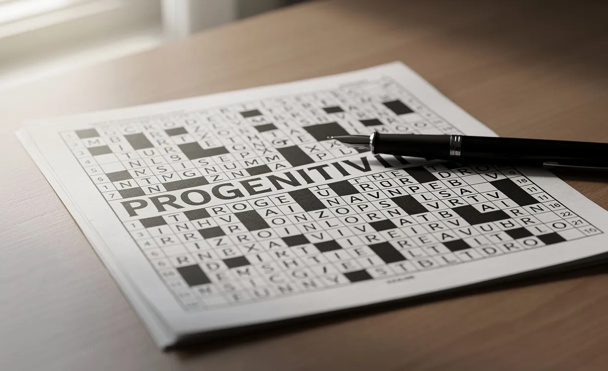 Une grille de mots croisés partiellement remplie avec un stylo posé à côté et le mot « progenitivity » inscrit en lettres majuscules au centre.