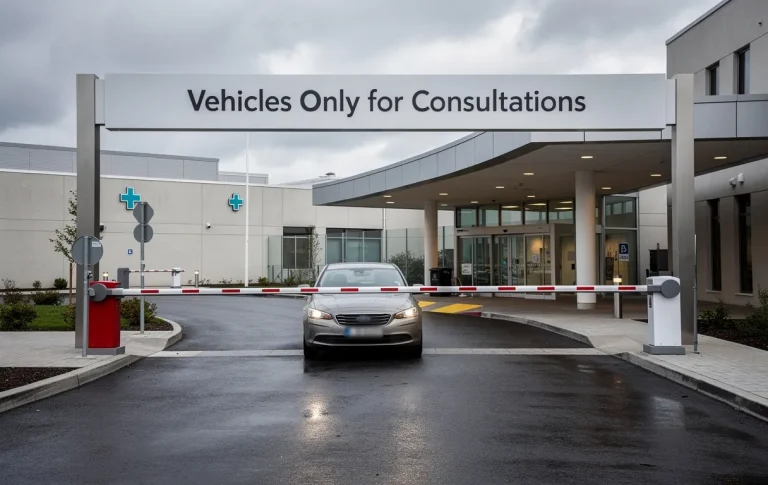 Entrée de véhicule d’hôpital avec une barrière, un panneau réservé aux consultations, un seul véhicule en attente sous un ciel nuageux.