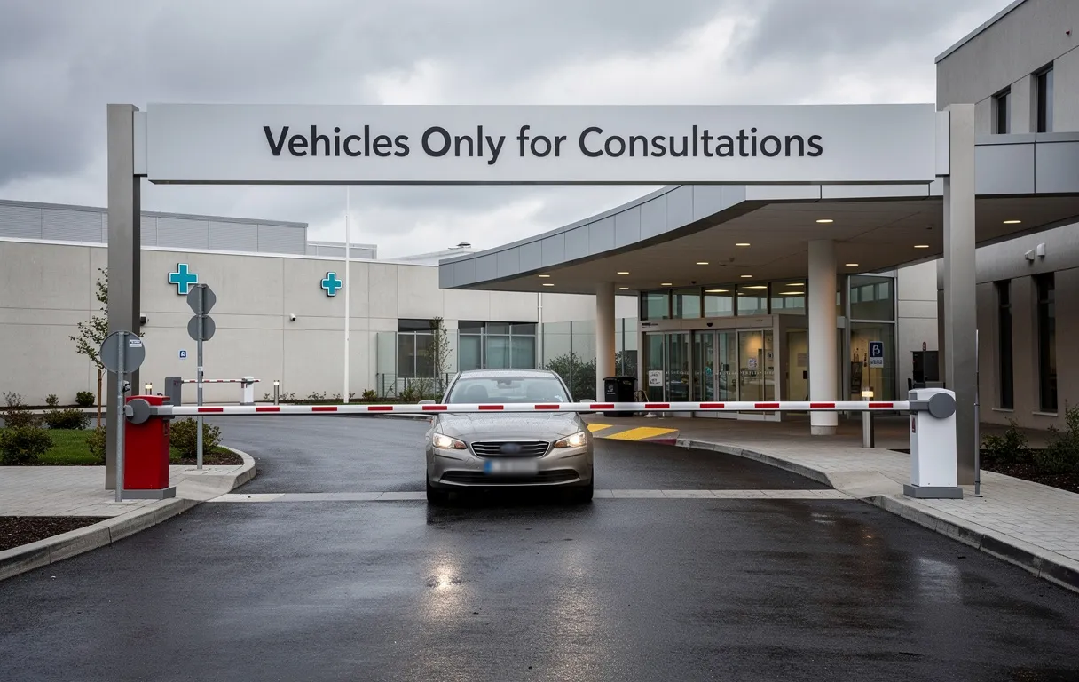 Entrée de véhicule d’hôpital avec une barrière, un panneau réservé aux consultations, un seul véhicule en attente sous un ciel nuageux.