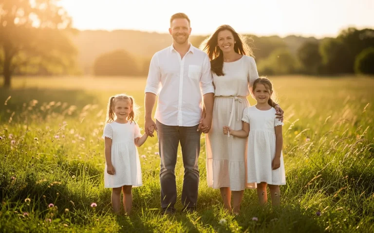 Une famille rassemblée tient ses mains dans une prairie verdoyante sous une lumière dorée et douce.